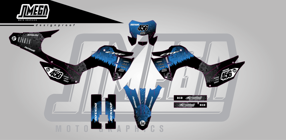 honda crf 300f blue death star sticker kit flat lay