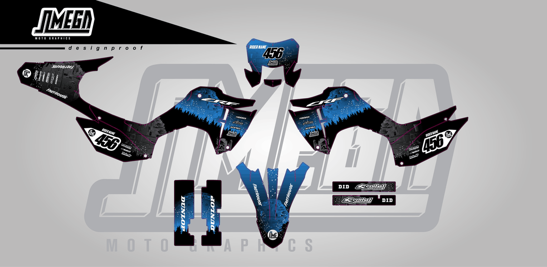 honda crf 300f blue death star sticker kit flat lay