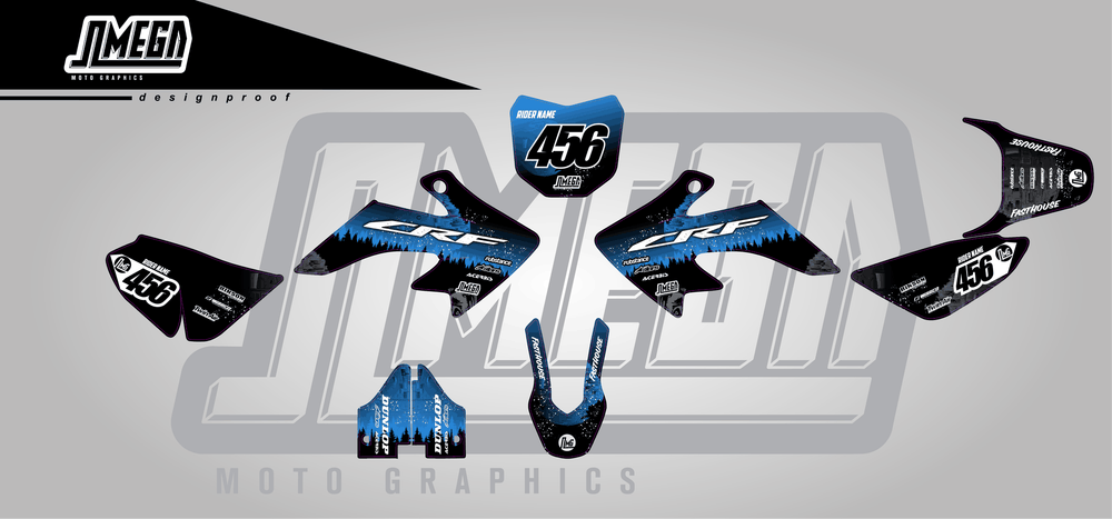 honda crf 50 blue death star sticker kit flat lay
