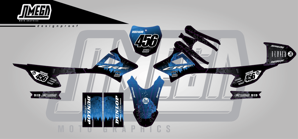 honda crf e2 blue death star sticker kit flat lay