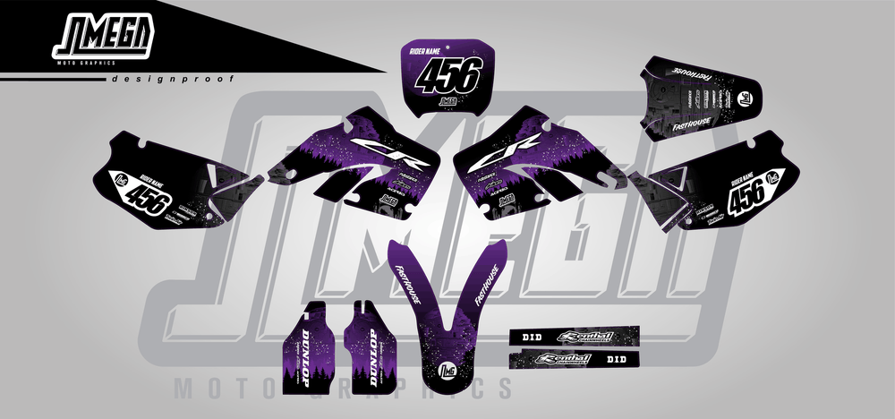 honda cr 125 purple death star sticker kit flat lay