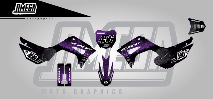 honda crf 110f purple death star sticker kit flat lay