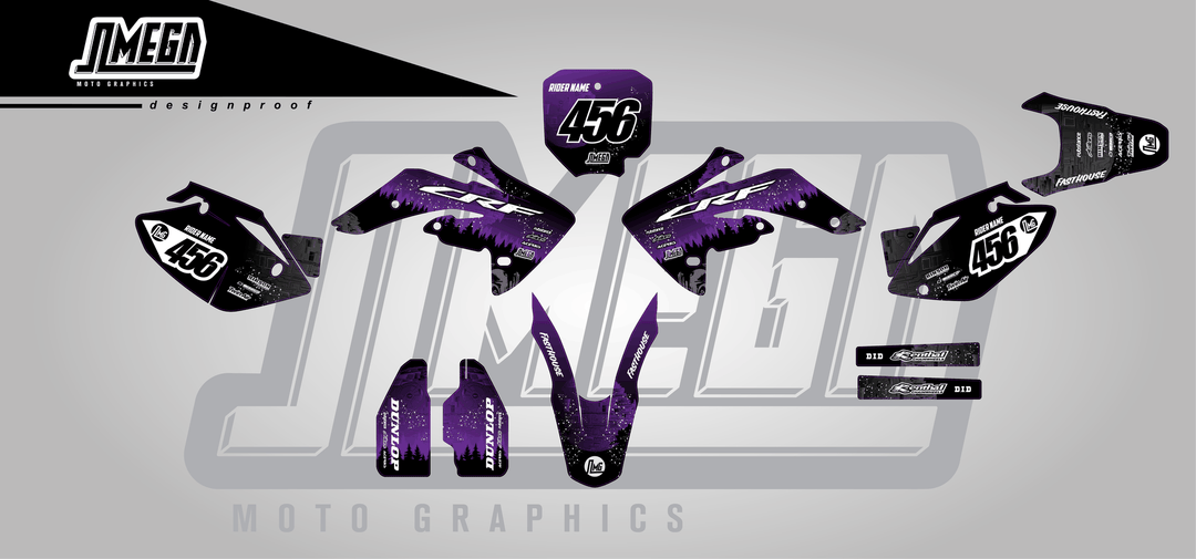 honda crf 150r purple death star sticker kit flat lay