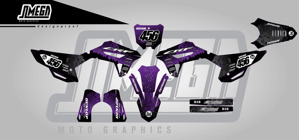 honda crf 250r purple death star sticker kit flat lay