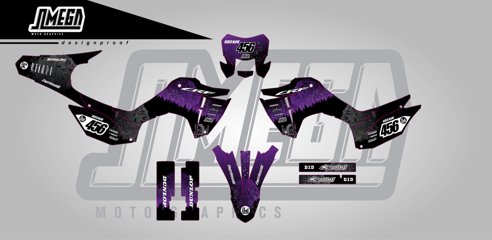 honda crf 300f purple death star sticker kit flat lay