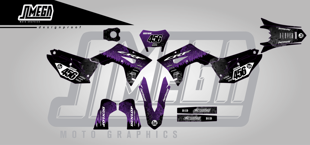 honda crf 450x purple death star sticker kit flat lay