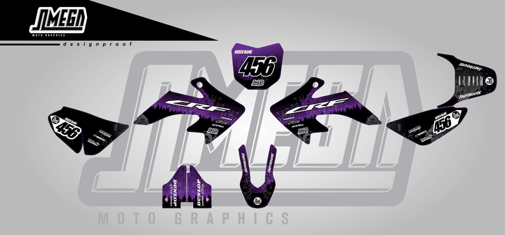 honda crf 50 purple death star sticker kit flat lay