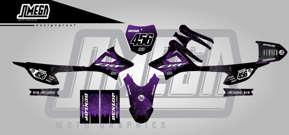 honda crf e2 purple death star sticker kit flat lay