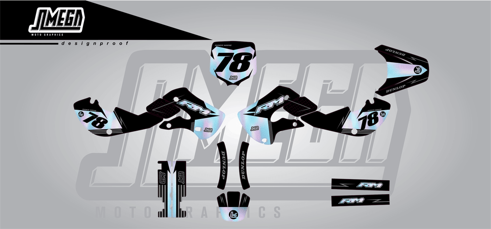 suzuki rm 65 holographic textures sticker kit flat lay