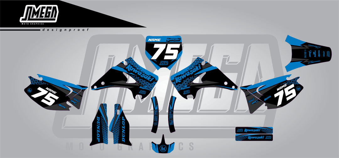 kawasaki kx 125 kool aid blue sticker kit flat lay