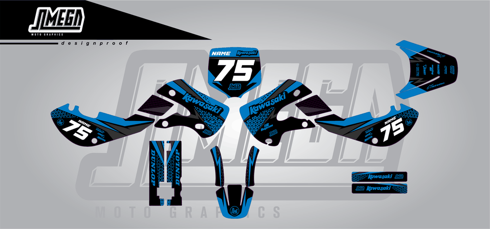 kawasaki kx 65 kool aid blue sticker kit flat lay