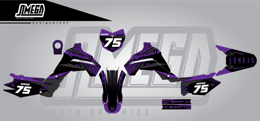 kawasaki klx 140 kool aid purple sticker kit flat lay