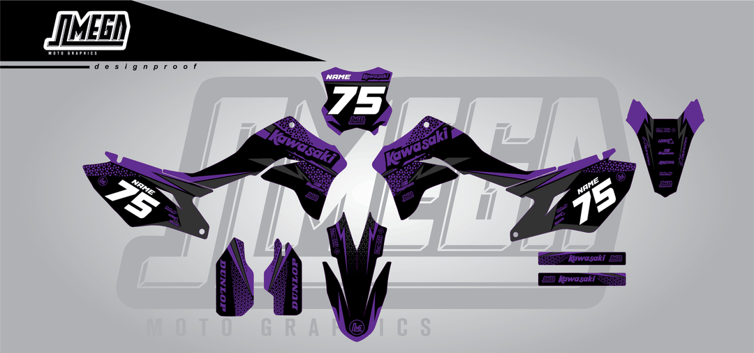 kawasaki klx 300r kool aid purple sticker kit flat lay