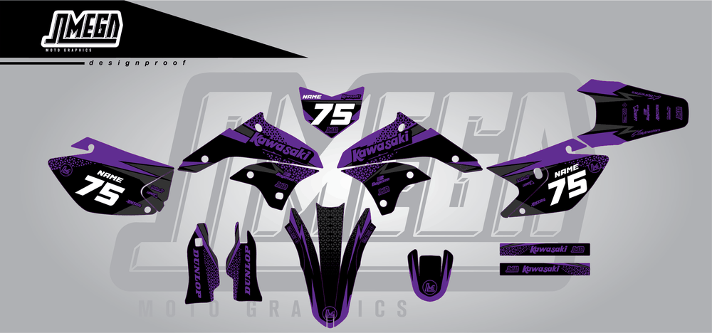 kawasaki klx 450 kool aid purple sticker kit flat lay