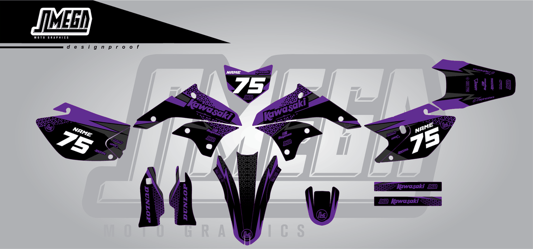kawasaki klx 450 kool aid purple sticker kit flat lay