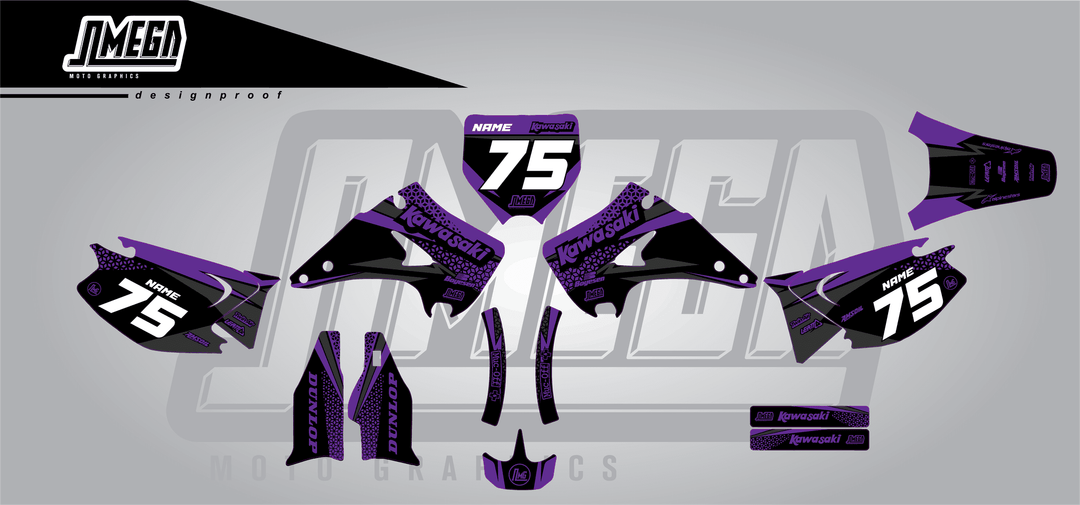 kawasaki kx 125 kool aid purple sticker kit flat lay