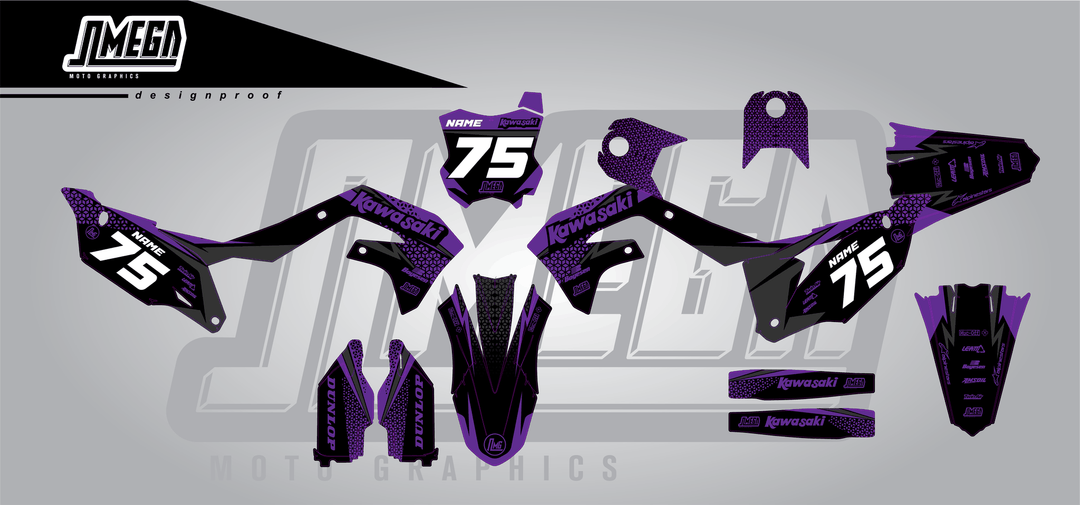 kawasaki kxf 450 kool aid purple sticker kit flat lay