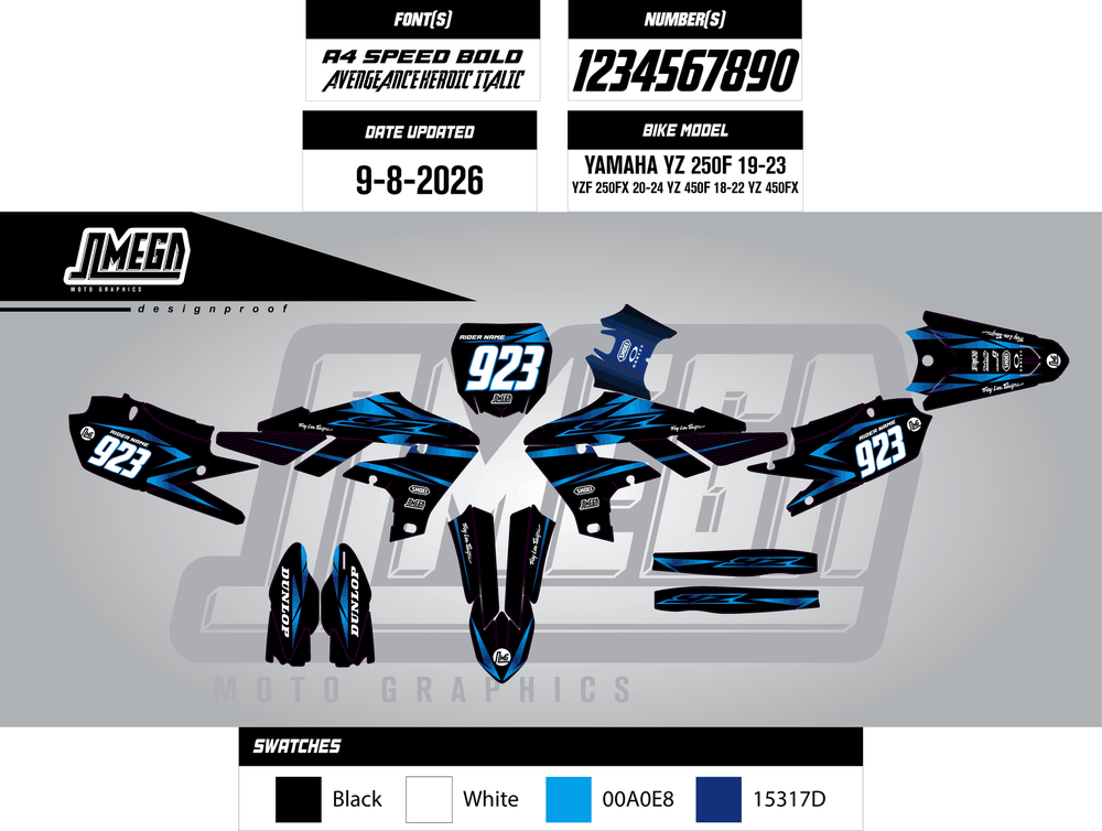 yamaha yz250f metallic blue sticker kit flat lay