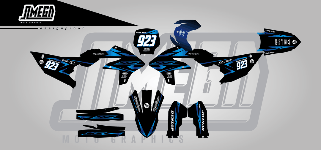 yamaha yz450f metallic blue sticker kit flat lay