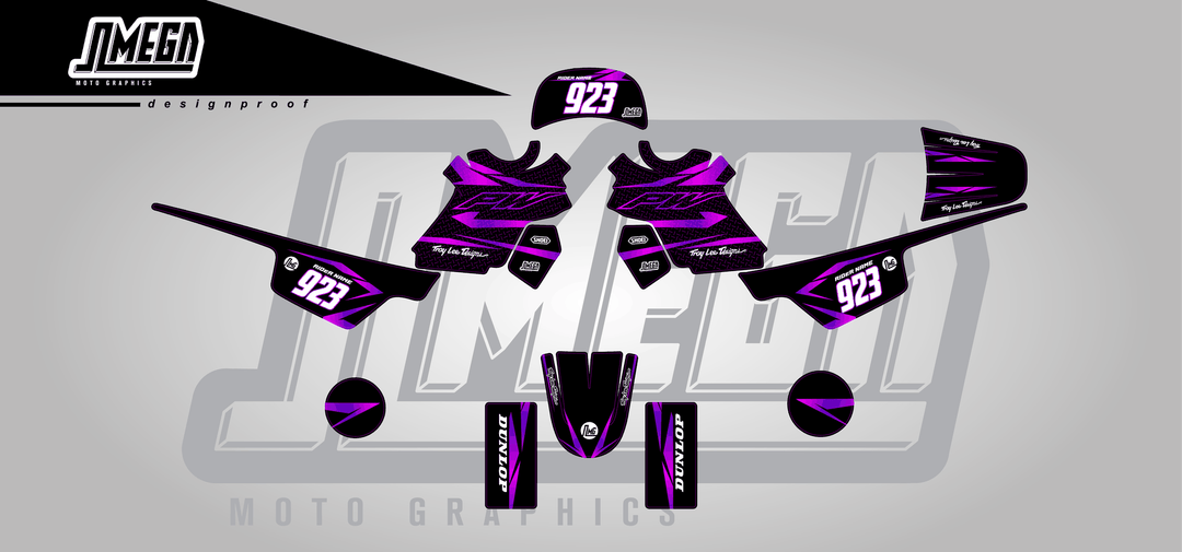 yamaha pw 50 metallic purple sticker kit flat lay