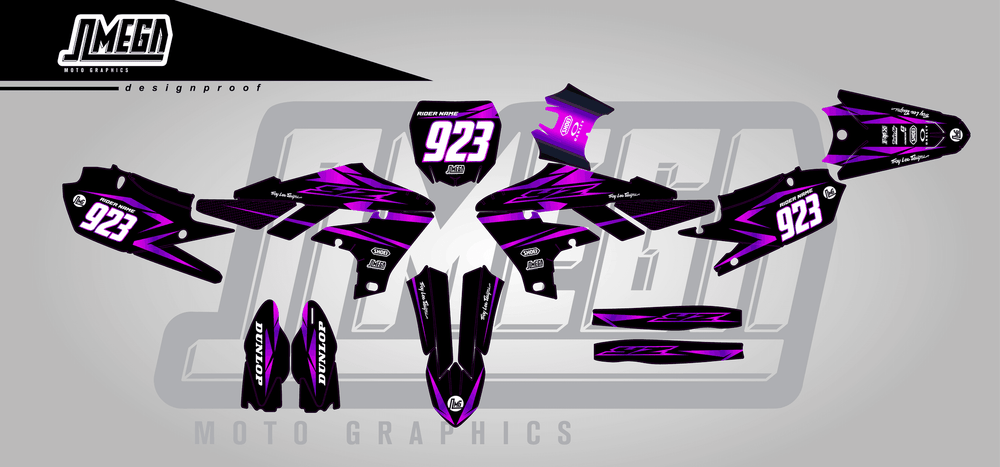 yamaha yz250f metallic purple sticker kit flat lay