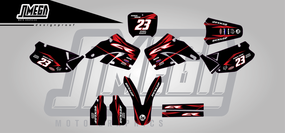 honda cr 125 metallic red sticker kit flat lay