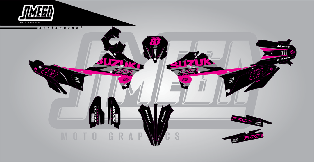 suzuki dr-z4s pink and black sticker kit flat lay
