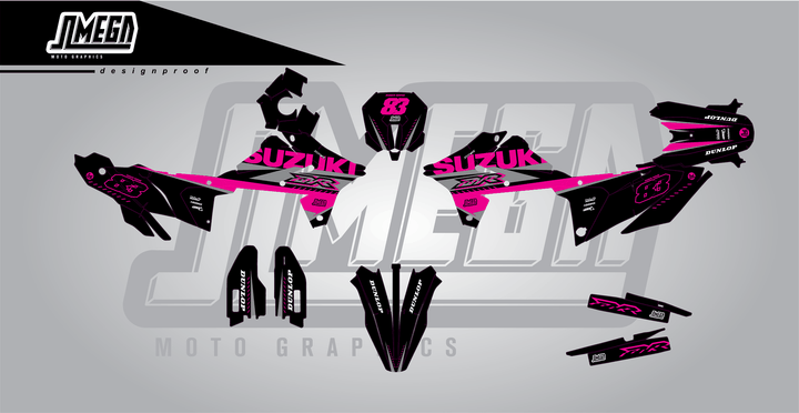 suzuki dr-z4s pink and black sticker kit flat lay