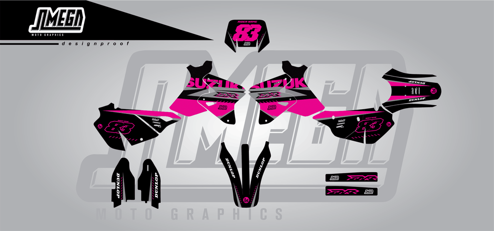 suzuki drz 400s pink and black sticker kit flat lay