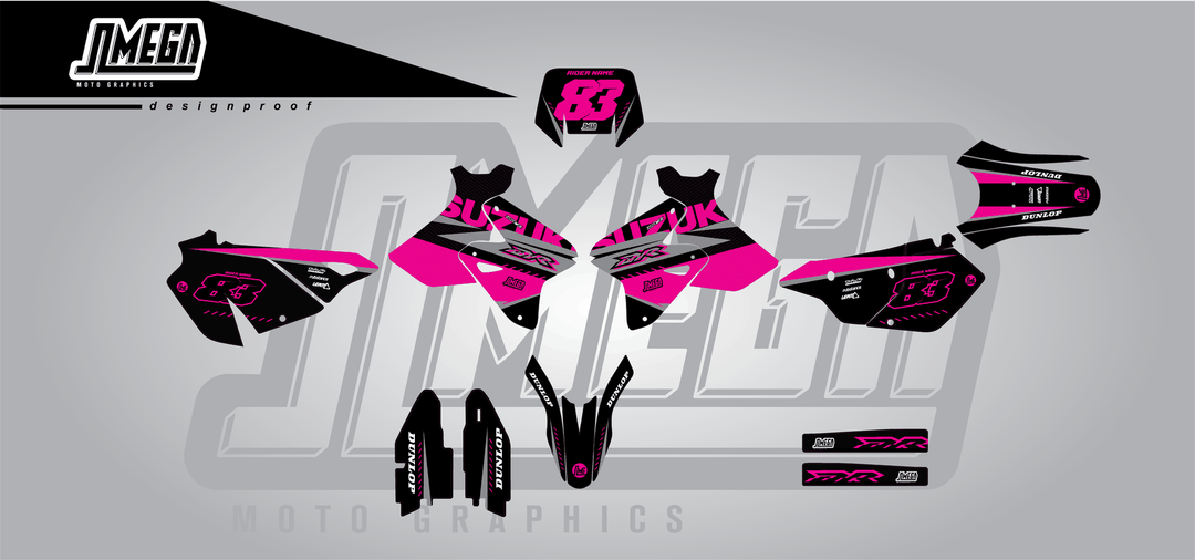 suzuki drz 400sm pink and black sticker kit flat lay