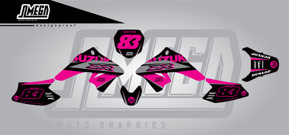 suzuki drz 70 pink and black sticker kit flat lay