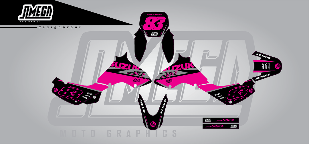 suzuki jr 80 pink and black sticker kit flat lay