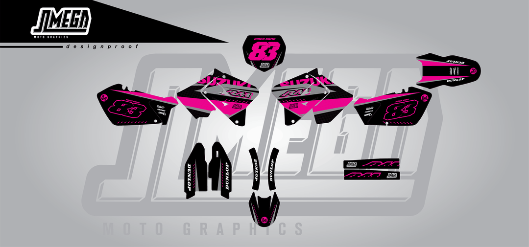 suzuki rm 125 pink and black sticker kit flat lay