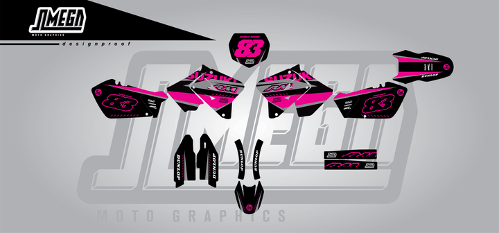 suzuki rm 250 pink and black sticker kit flat lay