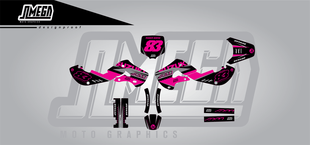 suzuki rm 65 pink and black sticker kit flat lay