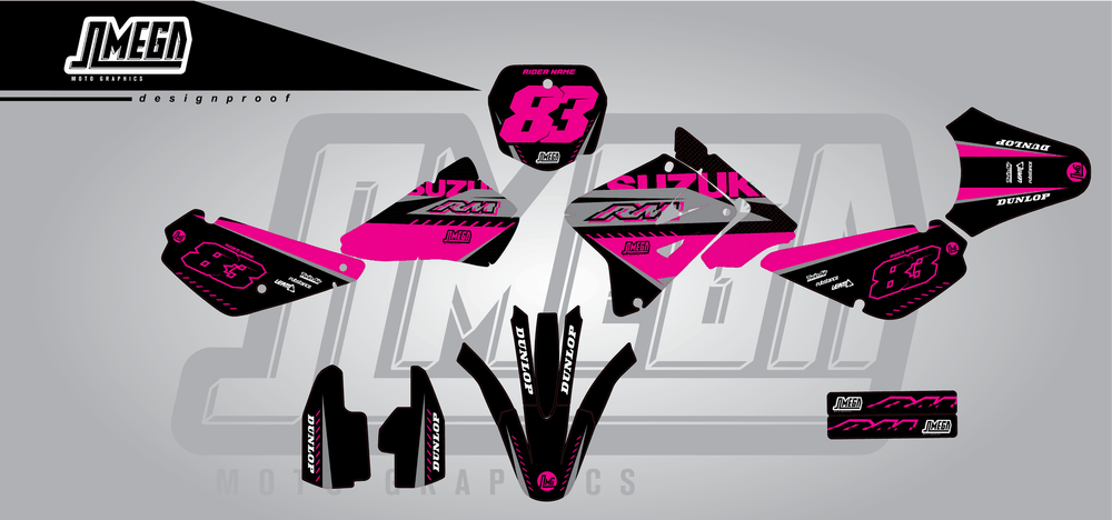 suzuki rm 85 pink and black sticker kit flat lay