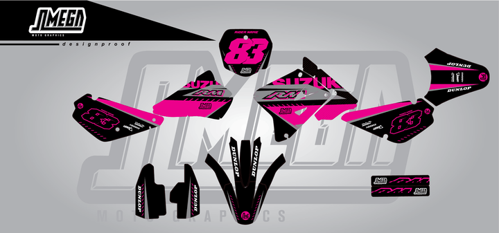 suzuki rm 85 pink and black sticker kit flat lay