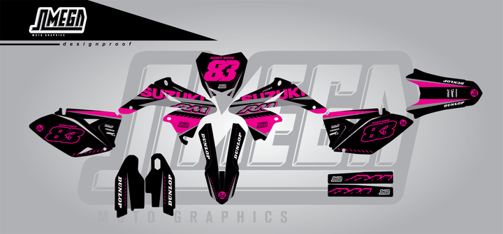 suzuki rmz 250 pink and black sticker kit flat lay