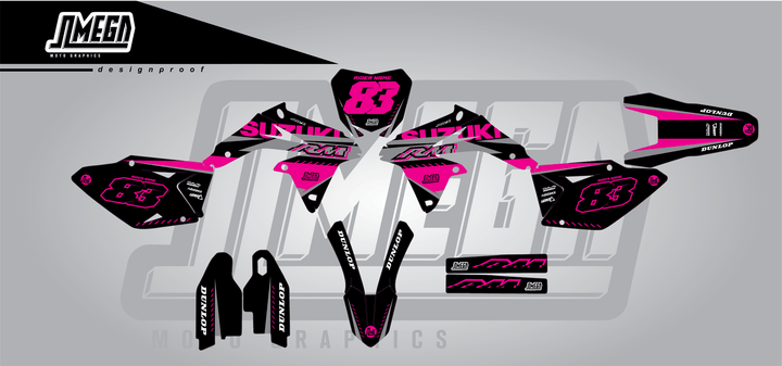 suzuki rmz 450 pink and black sticker kit flat lay