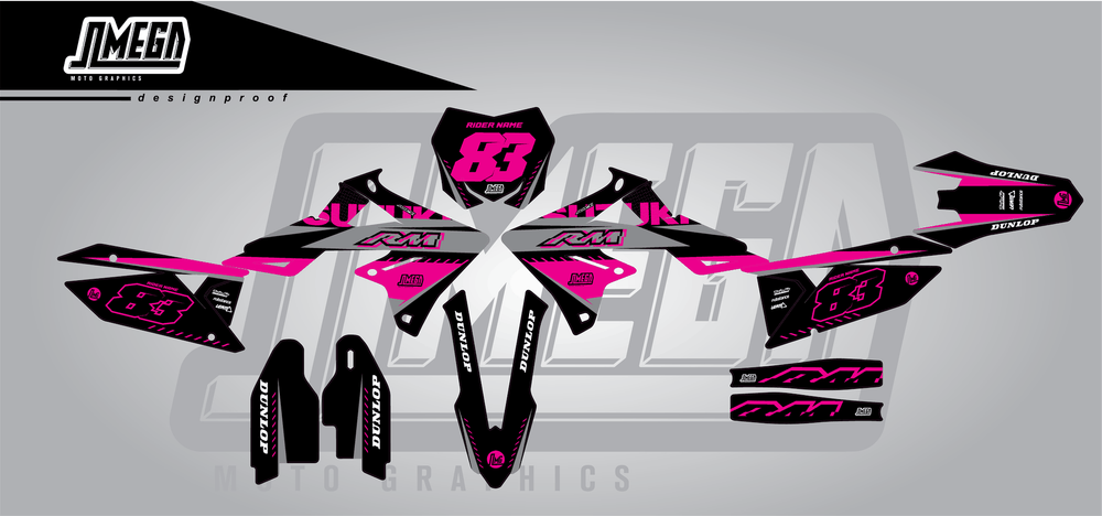 suzuki rmz 450 pink and black sticker kit flat lay