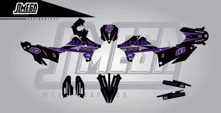 suzuki dr-z4s purple and black sticker kit flat lay