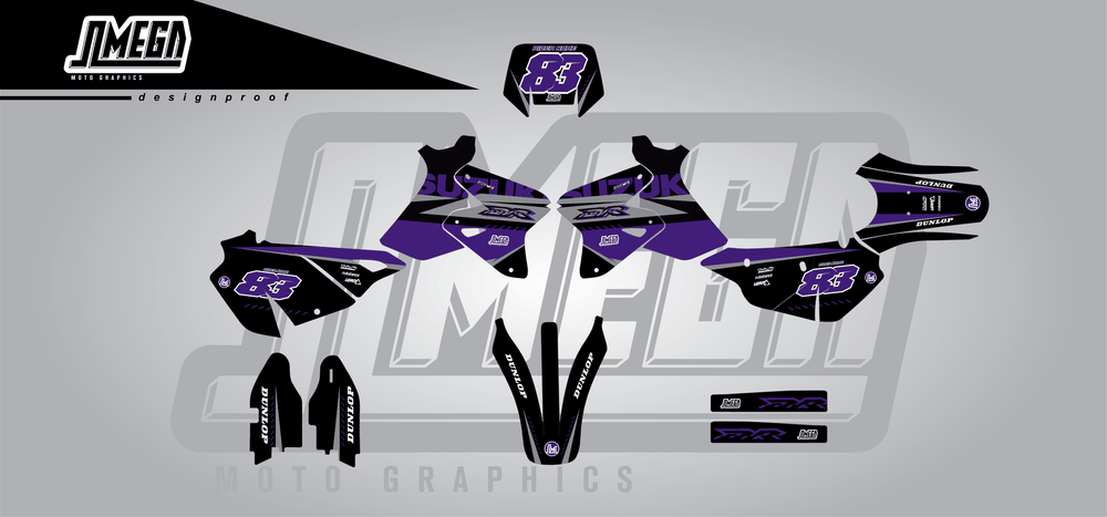suzuki drz 400s purple and black sticker kit flat lay