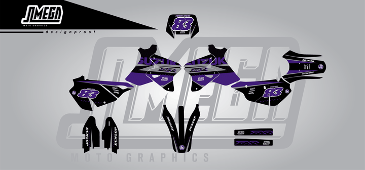 suzuki drz 400s purple and black sticker kit flat lay