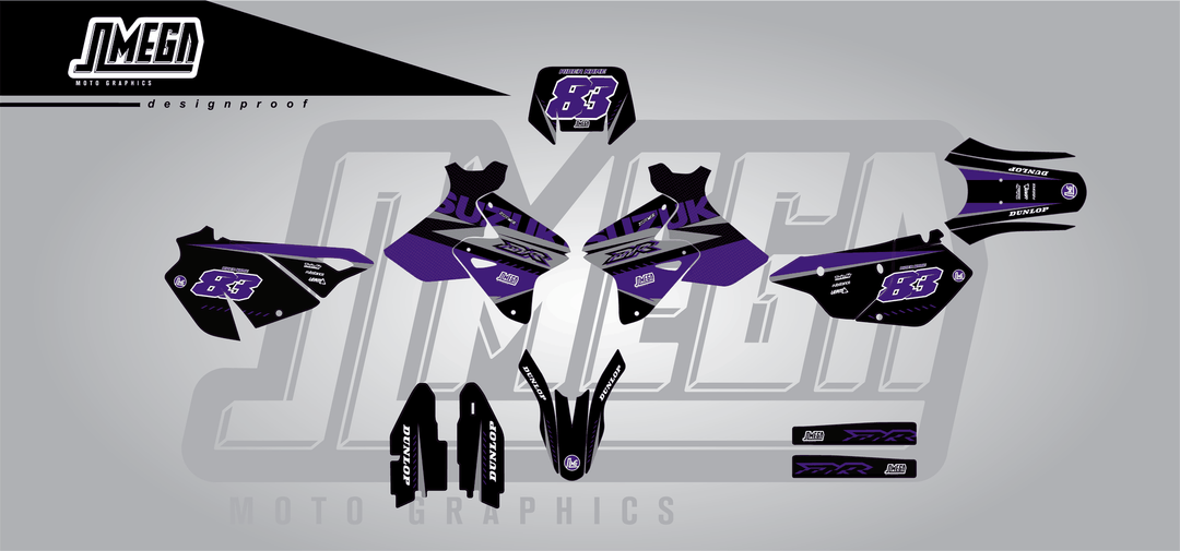 suzuki drz 400sm purple and black sticker kit flat lay