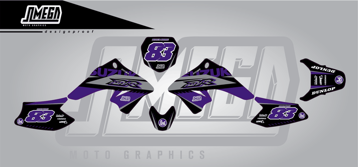 suzuki drz 70 purple and black sticker kit flat lay