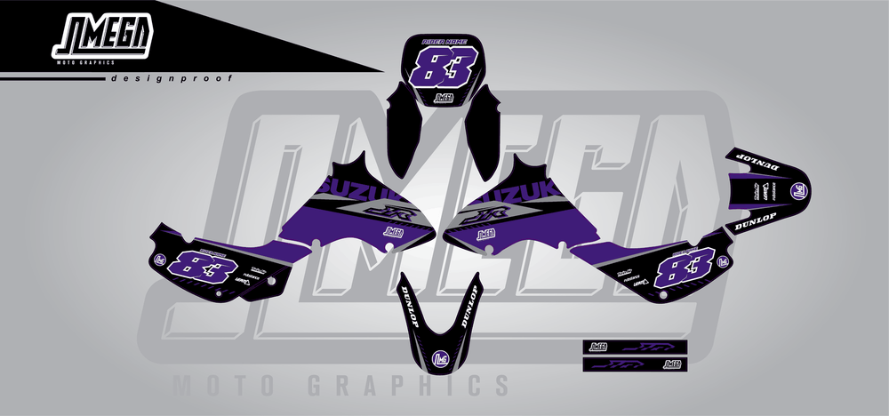 suzuki jr 80 purple and black sticker kit flat lay