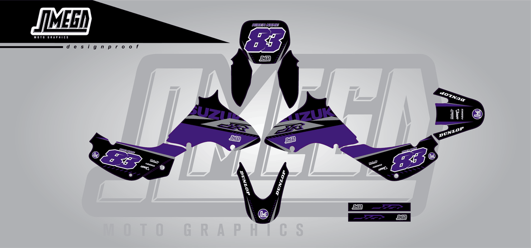 suzuki jr 80 purple and black sticker kit flat lay