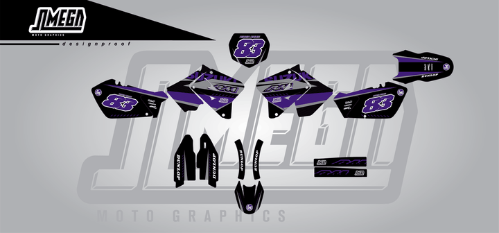 suzuki rm 125 purple and black sticker kit flat lay