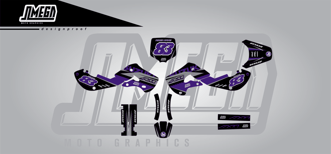suzuki rm 65 purple and black sticker kit flat lay