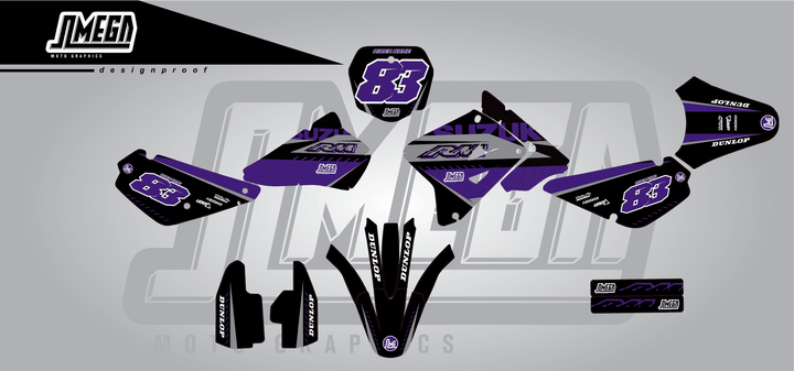 suzuki rm 85 purple and black sticker kit flat lay